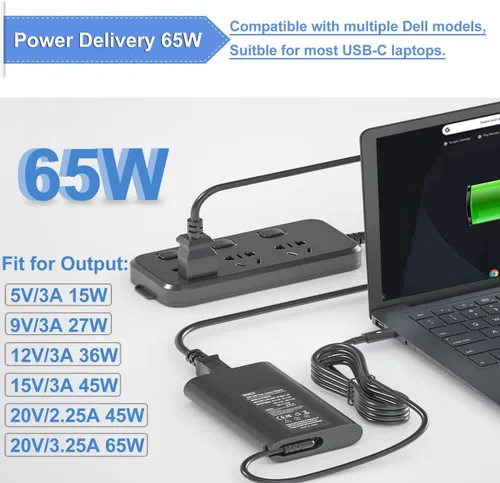 Vista 2 de Cargador USB-C de 65 W para Dell Latitude 3420 3540 5550 5520 5420 5430 5440 5340 5320 5630 5640 7440 7430 7420 7410 7370 7390 2 en 1 , Adaptador