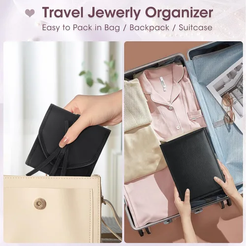 Vista 6 de Joyero organizador para mujeres y niñas, 2 capas de viaje con rollo de joyería plegable, juego de almacenamiento de joyas de cuero para anillos