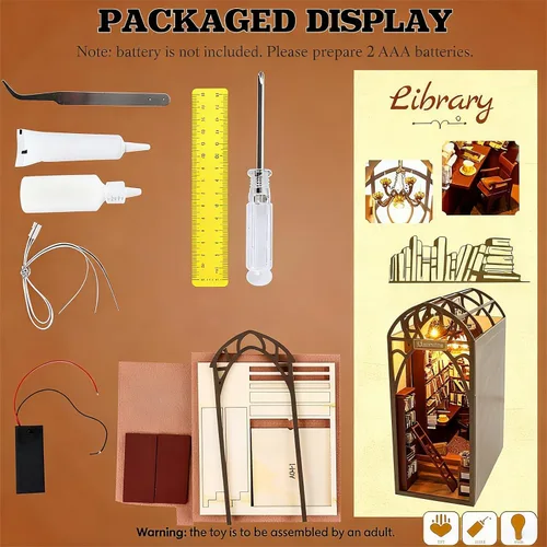 Vista 7 de Kit de rincón de libros para bricolaje con luces LED, rompecabezas de madera 3D para insertar en estantería y decoración de casa de muñecas, kit
