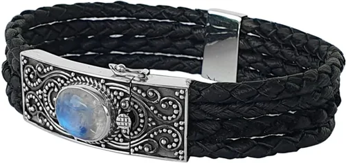 Vista 9 de Pulsera de plata de ley 925 hecha a mano con piedra lunar de fuego azul natural para hombres y mujeres, joyería de moda, Plata Esterlina, piedra