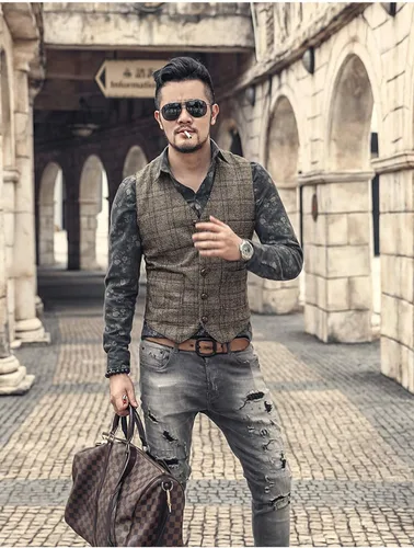 Vista 6 de Chaleco de traje vintage para hombre, de tweed a cuadros, ajuste regular, para padrinos de boda, Negro