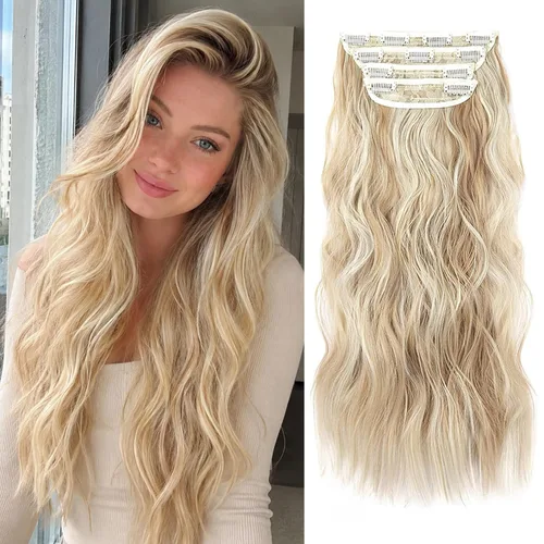 Vista 30 de Extensiones de cabello con clip, extensiones de cabello sintético ondulado de 14 pulgadas con clip (color: 22H10#)