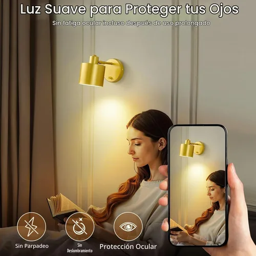 Vista 6 de Lightess Juego de 2 Apliques Decorativos de Pared con Interruptor, Aplique de Pared Dorado Regulable Giratorio de 350° con Cableado Directo, Luces