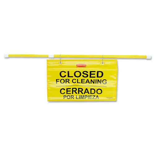 Vista 4 de Rubbermaid Commercial letrero de seguridad para colgar en sitio, multilingüe para impresión de limpieza, Amarillo, 1