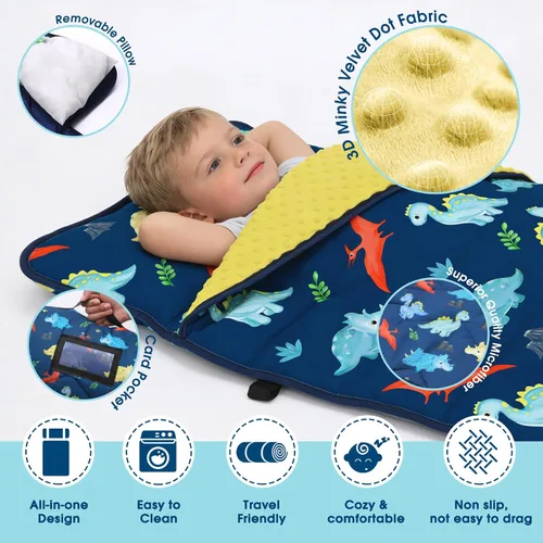 Vista 5 de ACRABROS Tapete para siesta para niños pequeños con almohada y manta, grandes alfombrillas enrolladas para siestas, bolsas de dormir para niños