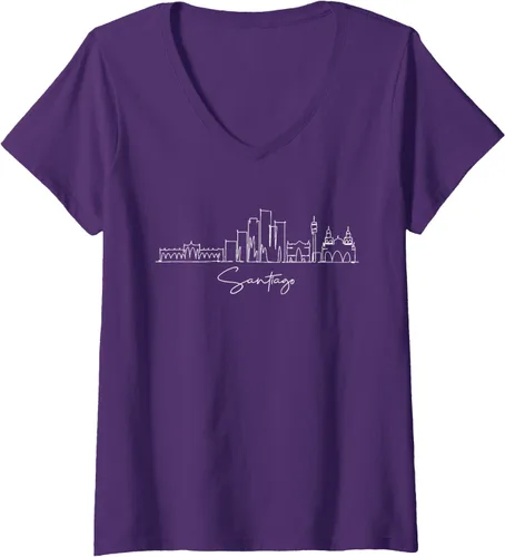 Vista 8 de Camiseta con cuello en V City Skyline Santiago Chile para mujer, Negro