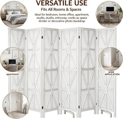 Vista 7 de 6 Panel Wooden Room Divider,67" Tall Folding Privacy Screen,Whitewashed Whitewashed 6 Panel