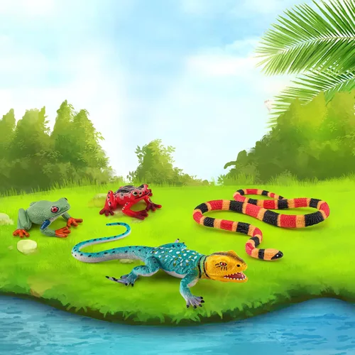 Vista 4 de Figura de serpiente del bosque, figuras de lagarto, figuras de rana, 4 piezas, figuras de animales del bosque tropical, juguetes de rana