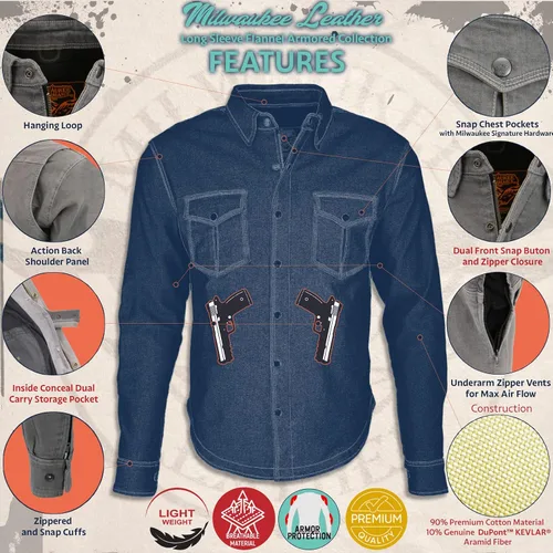 Vista 2 de Milwaukee Leather - Camisa de motociclista de mezclilla con armadura, con aramida de DuPont Fibers, para hombre, talla pequeña (MPM1621)