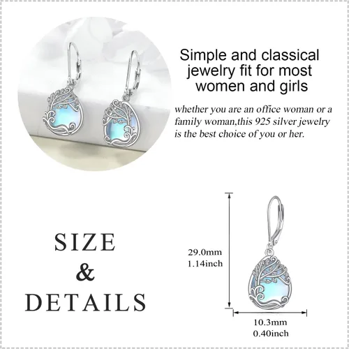 Vista 5 de Aretes colgantes con forma de lágrima de filigrana de piedra lunar de plata de ley 925 con cierre de palanca para mujer, regalos de joyería