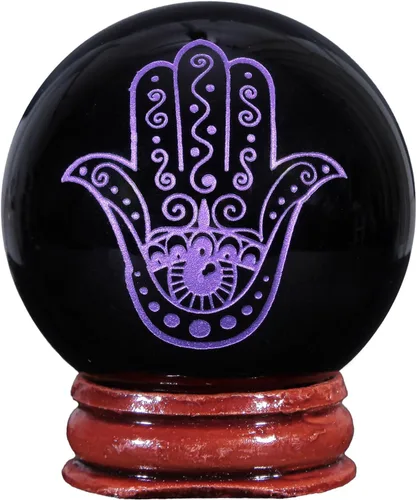 Vista 6 de Rockcloud Bola de meditación con esfera de piedra de obsidiana negra con base de madera para decoración del hogar