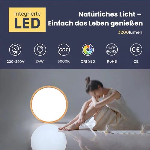 Vista 3 de LightingWill LED Ceiling Light Wood Look 24 W Diameter 30 cm, 2800 LM, 6000 K Cool White, Round Flat, Modern Ceiling Light for Living Room, Bedroom