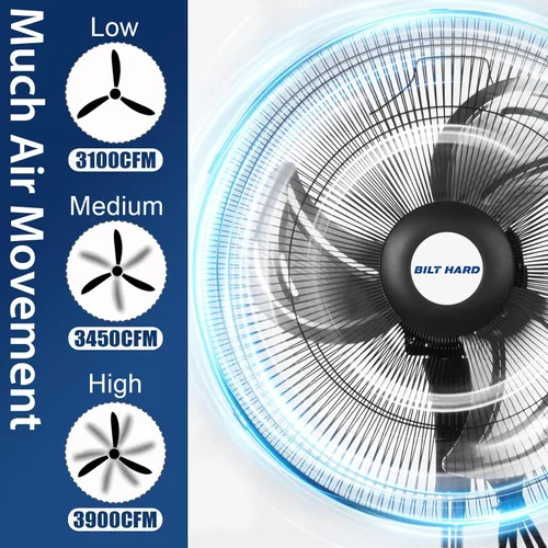 Vista 2 de BILT HARD - Ventilador de pie industrial de metal, resistente, de alta velocidad, oscilante, aspas de aluminio, 3 velocidades y certificado UL
