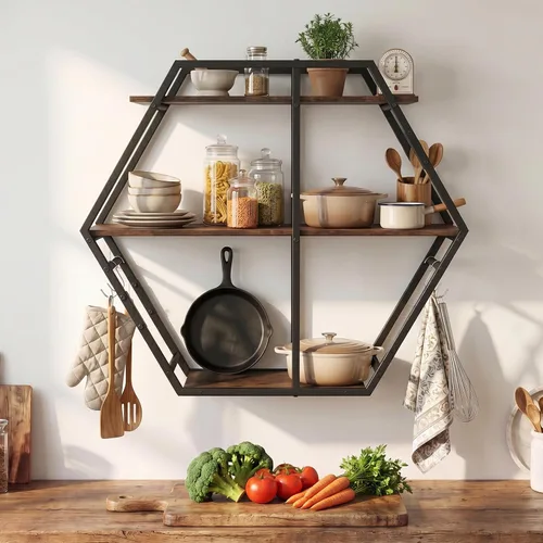 Vista 4 de Tangkula Hexagon Wall Shelf, 3-Tier Geometric Bookcase with 4 S-Shaped Hooks & Heavy Duty Metal Frame, Wall Mounted Industrial Display Storage Rack