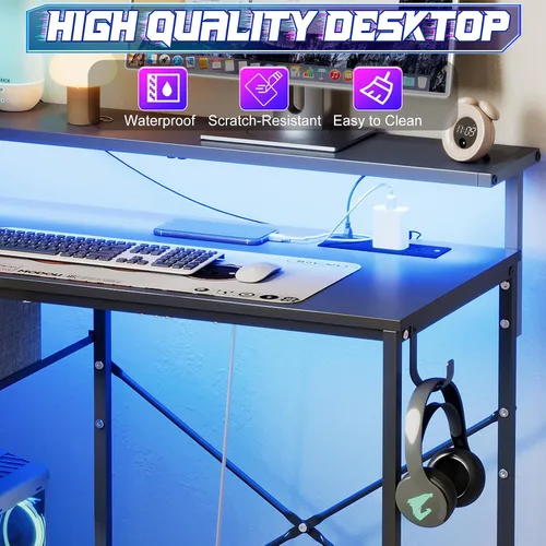 Vista 7 de X-cosrack Escritorio pequeño para juegos de 33.5 pulgadas con luces LED y soporte largo para monitor, escritorio compacto para computadora con tomas