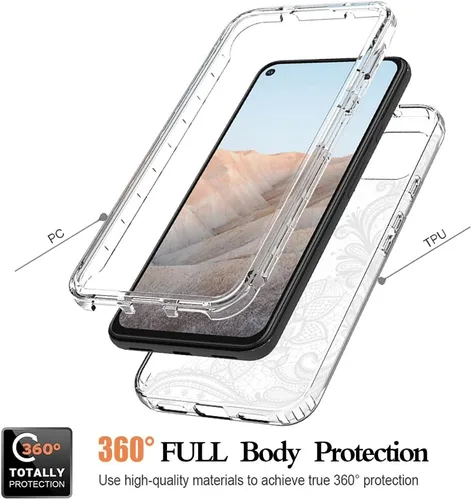 Vista 3 de Funda para Google Pixel 5A 5G con protector de pantalla de vidrio templado, funda protectora de cuerpo completo con bonito patrón de mandala