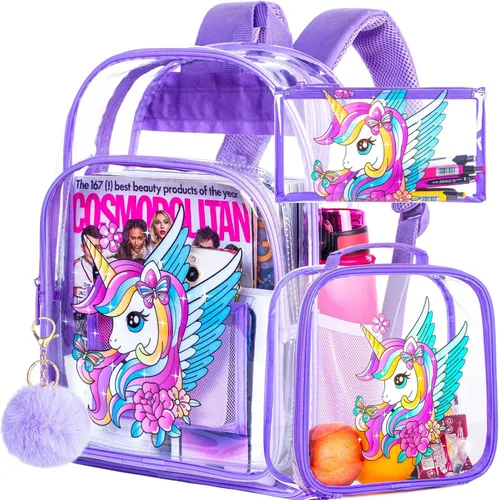 Vista 24 de Mochila transparente, aprobada por el estadio, para niñas y niños, mochila transparente de PVC resistente para mujeres y hombres