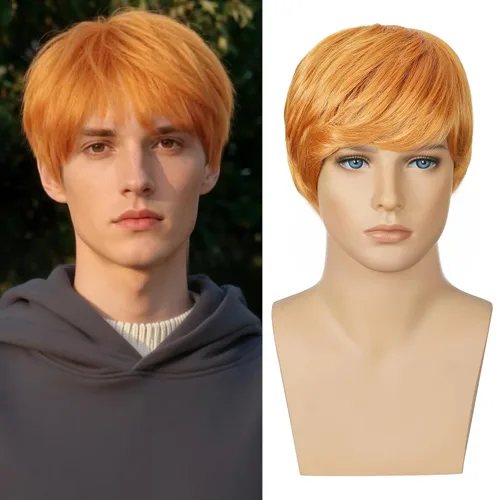 Vista 24 de Creamily Peluca marrón para hombre, disfraz de pelo corto, estilo cosplay marrón (Brown-1)