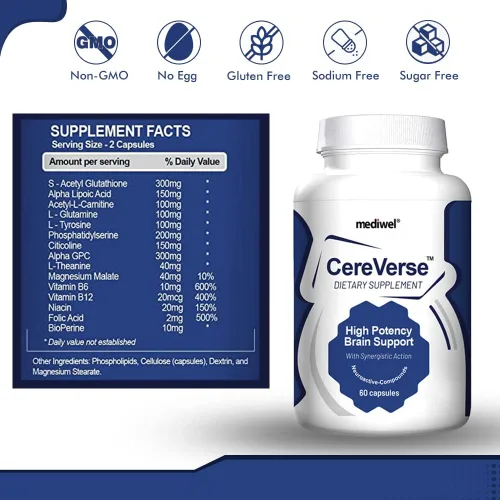Vista 3 de Elevate Brain Health: Fórmula liposomal CereVerse para el bienestar cognitivo y el apoyo a la concentración - Alpha GPC - S-acetil glutatión