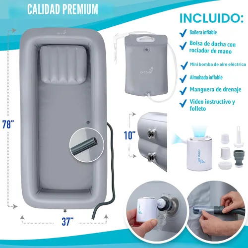 Vista 2 de Circa Air Bañeras Portátiles para Adultos – Bañera Inflable con Bolsa de Ducha de Cabecera y Bomba Eléctrica, Lavado de Cuerpo Completo en la Cama