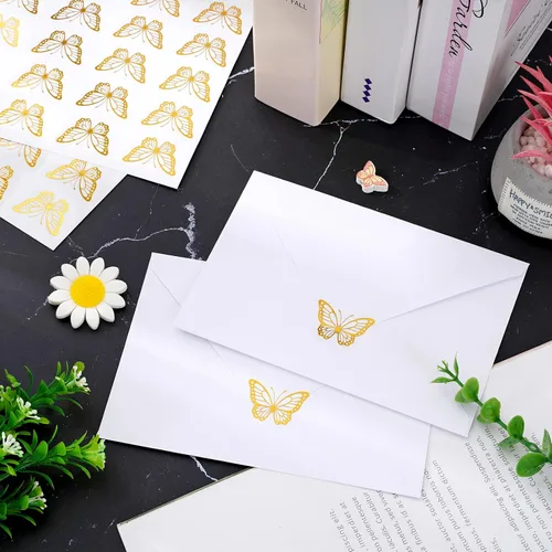 Vista 3 de Whaline 500 unidades de sellos de mariposa dorada, calcomanías de lámina dorada, calcomanías adhesivas de primavera para tarjetas de invitación