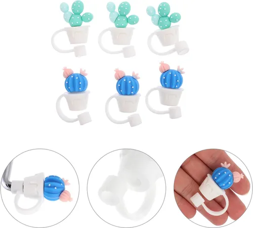 Vista 9 de Abaodam 6 puntas de popote de silicona para beber, tapas reutilizables de silicona, estilos de cactus
