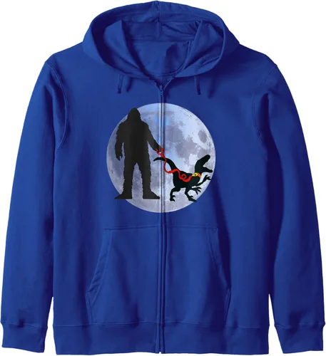 Vista 4 de Bigfoot Dinosaur Sasquatch Raptor Bigfoot Pet Dino on Leash Zip Hoodie Azul Marino