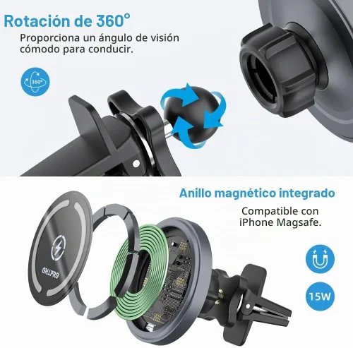 Vista 6 de OHLPRO Cargador de coche MagSafe para iPhone, cargador inalámbrico para coche, soporte magnético para teléfono para iPhone 17 Pro Max 16 15 14