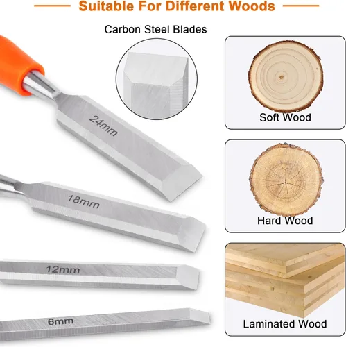 Vista 4 de Juego de 4 cinceles de madera para carpintería, cinceles de madera para carpintería con extremo de martillo de acero, herramientas de madera, juego