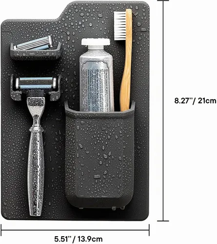 Vista 12 de Soporte de cepillo de dientes de silicona- incluye soporte de maquinilla de afeitar, plato de joyería, impermeable, sin ventosas, reutilizable, se