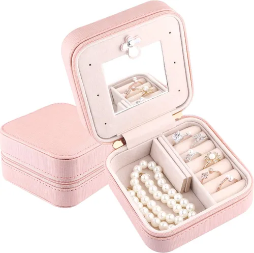 Vista 2 de Duomiila - Caja de joyería pequeña, mini organizador de viaje portátil, para anillos, aretes, collares. Un regalo para niñas y mujeres