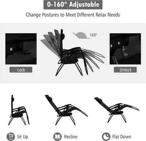 Vista 5 de Tangkula Zero Gravity - Silla plegable para patio, reclinable, ajustable, con soporte para tazas, reposabrazos anchos para patio, jardín, piscina