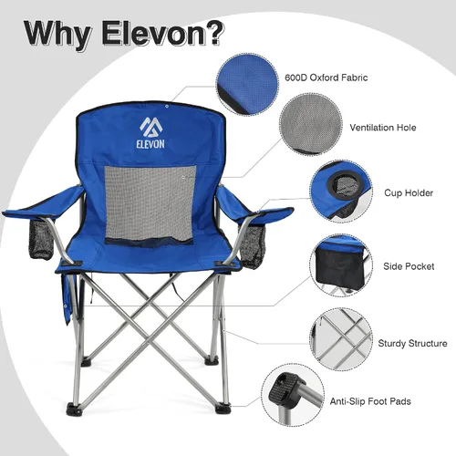 Vista 4 de Silla de camping Elevon, silla plegable portátil al aire libre con brazos, soporte para tazas y bolsa de transporte