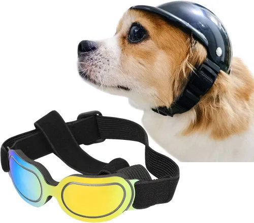 Vista 2 de La La Pet® Casco para mascotas con gafas para perro, sombrero para perro, gafas de sol para mascotas, protección UV, gafas de sol para cachorros