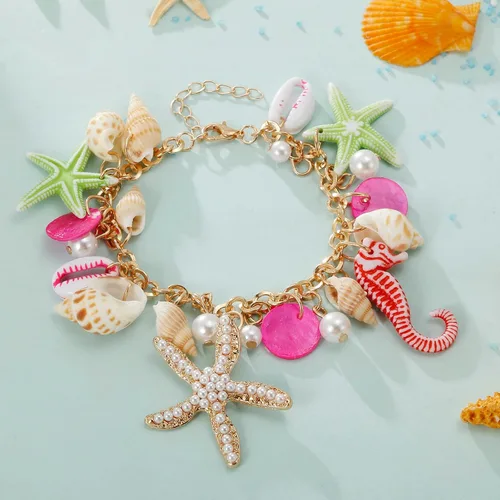 Vista 3 de RUOFFETA Collar de estrella de mar de concha, pulsera de caracola, collar grueso de sirena, joyería de playa para mujer