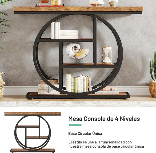 Vista 6 de Tribesigns Mesa de Consola de 41.3", Mesa Industrial de 4 Niveles para Sofá Mesa de Entrada con Base Circular, Mesas de Acento de Madera Estrechas