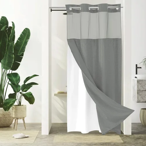 Vista 49 de Gibelle: cortina de ducha pequeña para baño de 36x74, cortina de ducha de punto gofre con juego de forro de tela a presión, no necesita ganchos