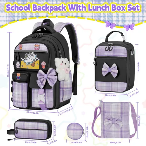 Vista 2 de Mochila para niñas con juego de lonchera, 5 piezas, color negro, linda mochila Kawaii para adolescentes, mochila escolar estética para primaria