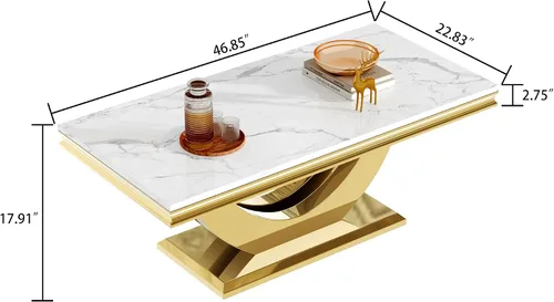 Vista 2 de SSLine Mesa de Centro Rectangular de Mármol Sintético para Sala de Estar, Mesa Central Moderna de Mármol Blanco de Lujo con Base Doble en Forma de U