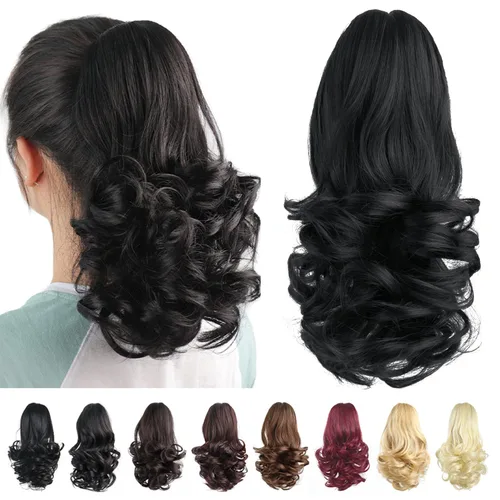 Vista 21 de Extensiones de cola de caballo, extensiones de cabello de cola de caballo con clip de garra marrón oscuro para mujer, pieza de cabello rizado
