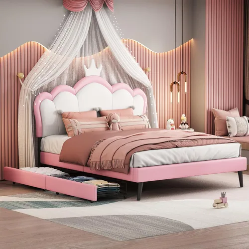 Vista 22 de Cama de plataforma, base de cama tapizada de cuero con cabecera de adorno de conejo, ideal para el dormitorio o apartamento de un niño