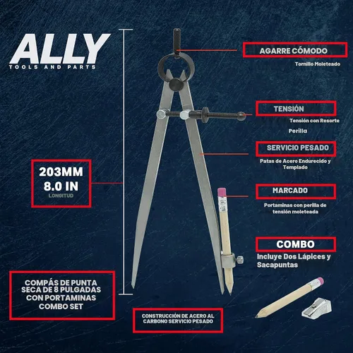 Vista 6 de ALLY Tools - Divisor de resorte de bloqueo de precisión de 8 pulgadas / brújula de carpintería con soporte para lápices, incluye dos lápices