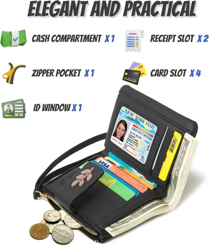 Vista 3 de PRETTYZYS Cartera pequeña y compacta de piel sintética para mujer, con bloqueo Rfid, con bolsillo, con correa para muñeca, color negro, Negro