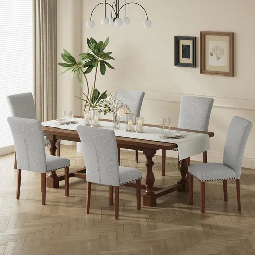 Vista 12 de COLAMY Juego de 6 sillas de comedor tapizadas Parsons, sillas laterales de tela para comedor y cocina con ribete de tachuelas y patas de madera