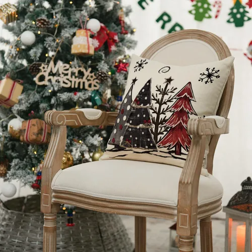 Vista 2 de AVOIN colorlife Funda de cojín decorativo de árboles de Navidad a cuadros búfalo rojos y negros acuarela, 16 x 16 pulgadas, funda de cojín