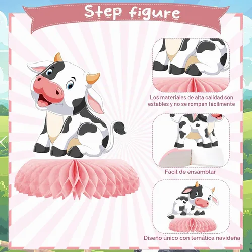 Vista 3 de 9 piezas de centro de mesa de nido de abeja de vaca rosa, animales de granja, vaca, nido de abeja rosa, fiesta temática de panal de abeja 3D
