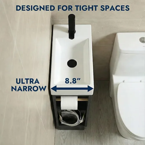 Vista 4 de Tocador de baño pequeño de 16 pulgadas con fregadero, color negro: espacio pequeño, 2 soportes para papel higiénico y bolsillo de almacenamiento