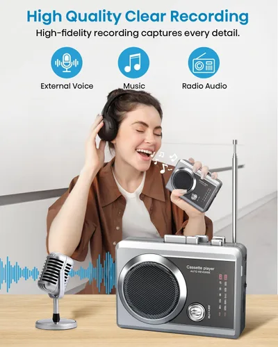 Vista 2 de Reproductor de grabadora de casete portátil y radio AM/FM, reproductor de cinta de casete compacto con conector para auriculares de 0.138 in