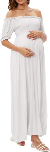 Vista 3 de ZIUMUDY Vestido de maternidad con hombros descubiertos y abertura lateral largo para sesión de fotos, vestido de baby shower fluido
