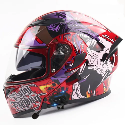 Vista 10 de Casco modular Bluetooth para motocicleta, aprobado por DOT, abatible, de cara completa, integrado, antivaho, doble visera, casco para motocicleta